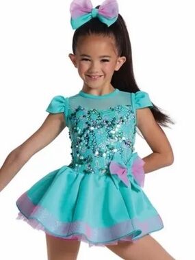 Weissman Turquoise Sequin Dance Dress with Pink Bow Accents